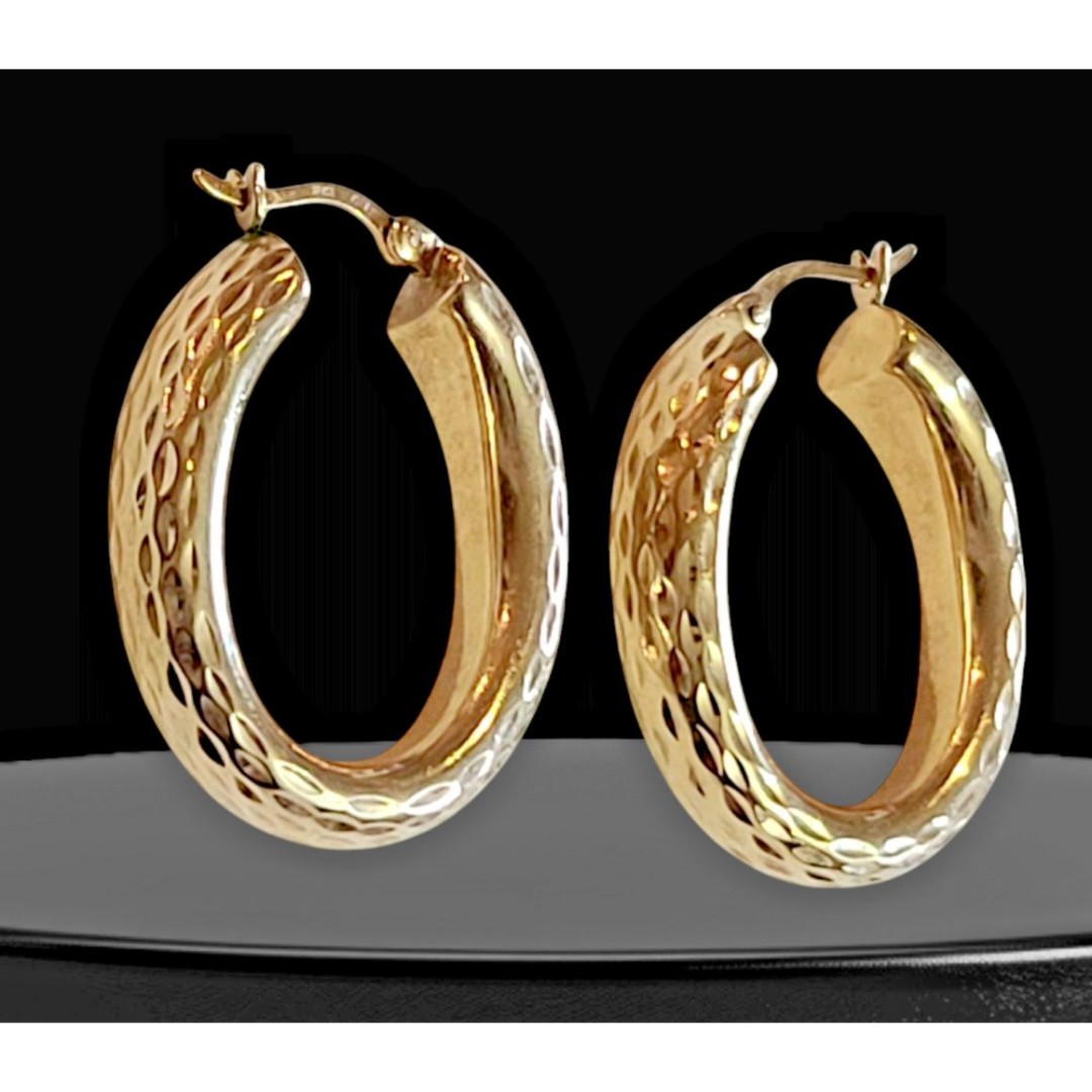 Vintage Thailand 925 Sterling Silver Gold Overlay Textured Hoop Earrings