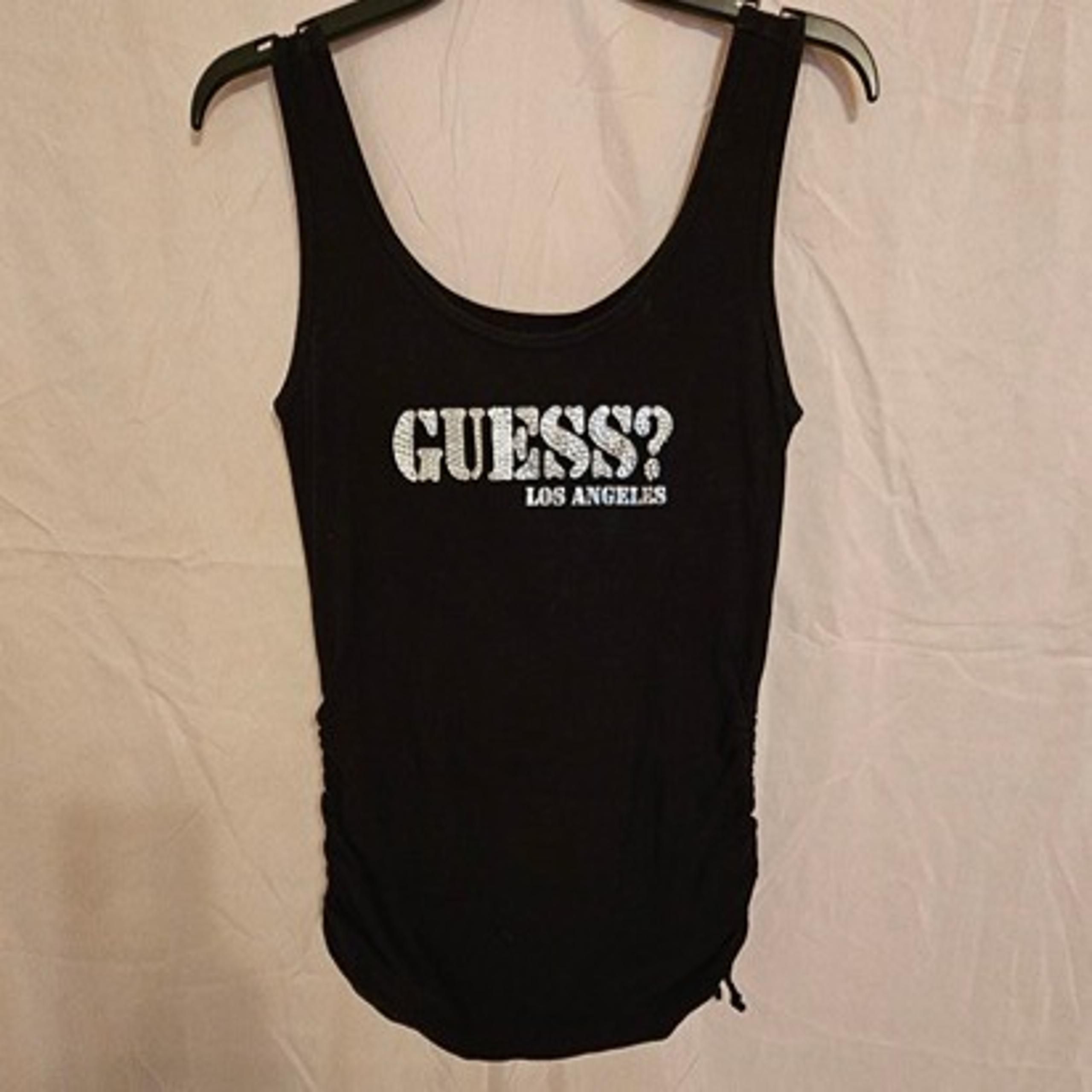 Vintage GUESS Black Tank Top Crystal Stones on Metallic Silver Pull Tie Sides XL