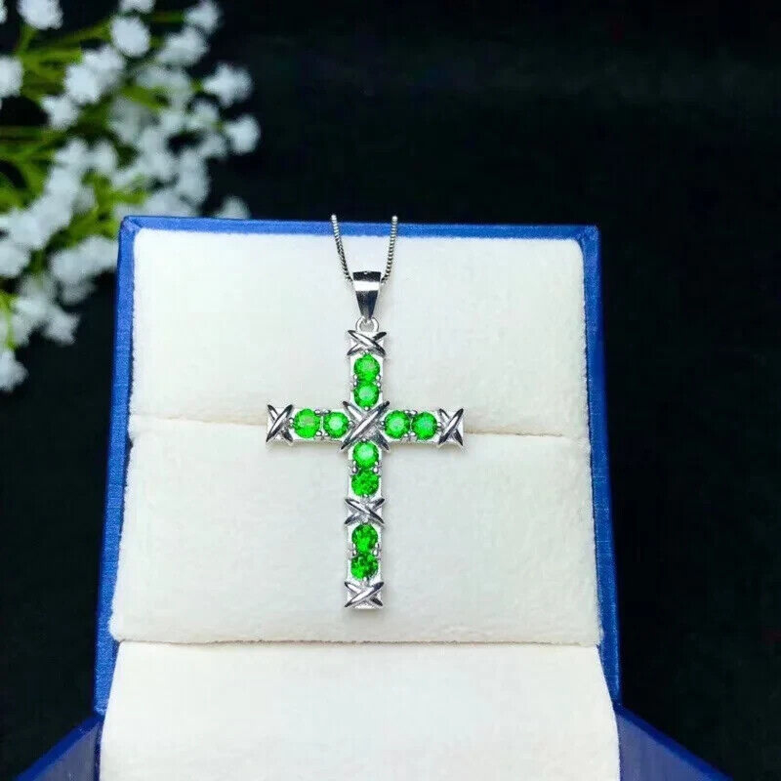 Natural Chrome Diopside Cross Necklace, Green Gemstone Cross Necklace Sterling