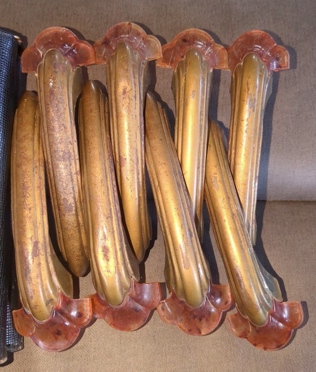 1930s Art Deco Bakelite Tortoise Shell Gold Waterfall Dresser Drawer Handles