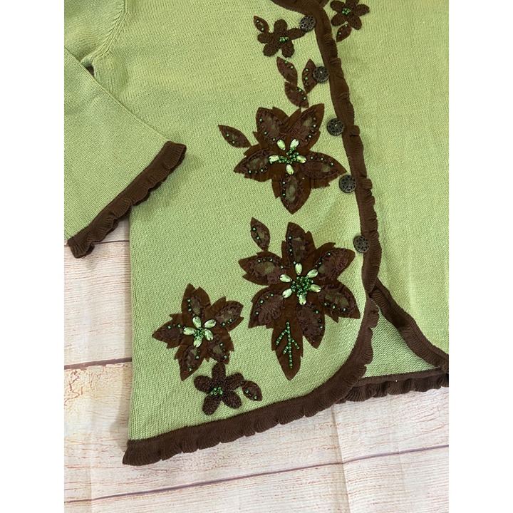 NWT Vintage Storybook Knits Green Floral Knit Button Front Cardigan - Large