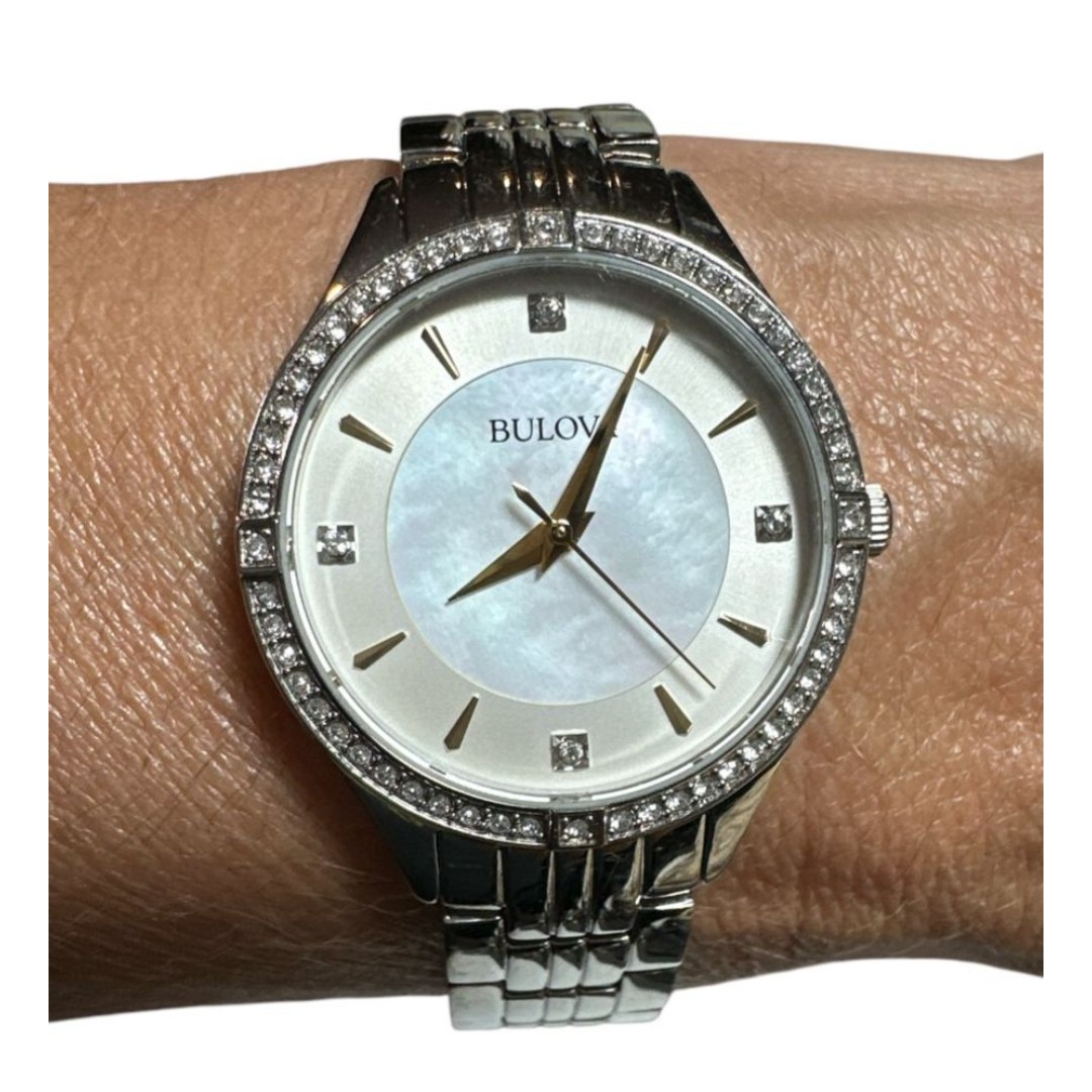 Bulova Crystal Quartz White MOP Dial Stainless Steel Ladies Watch 96L282 Silver