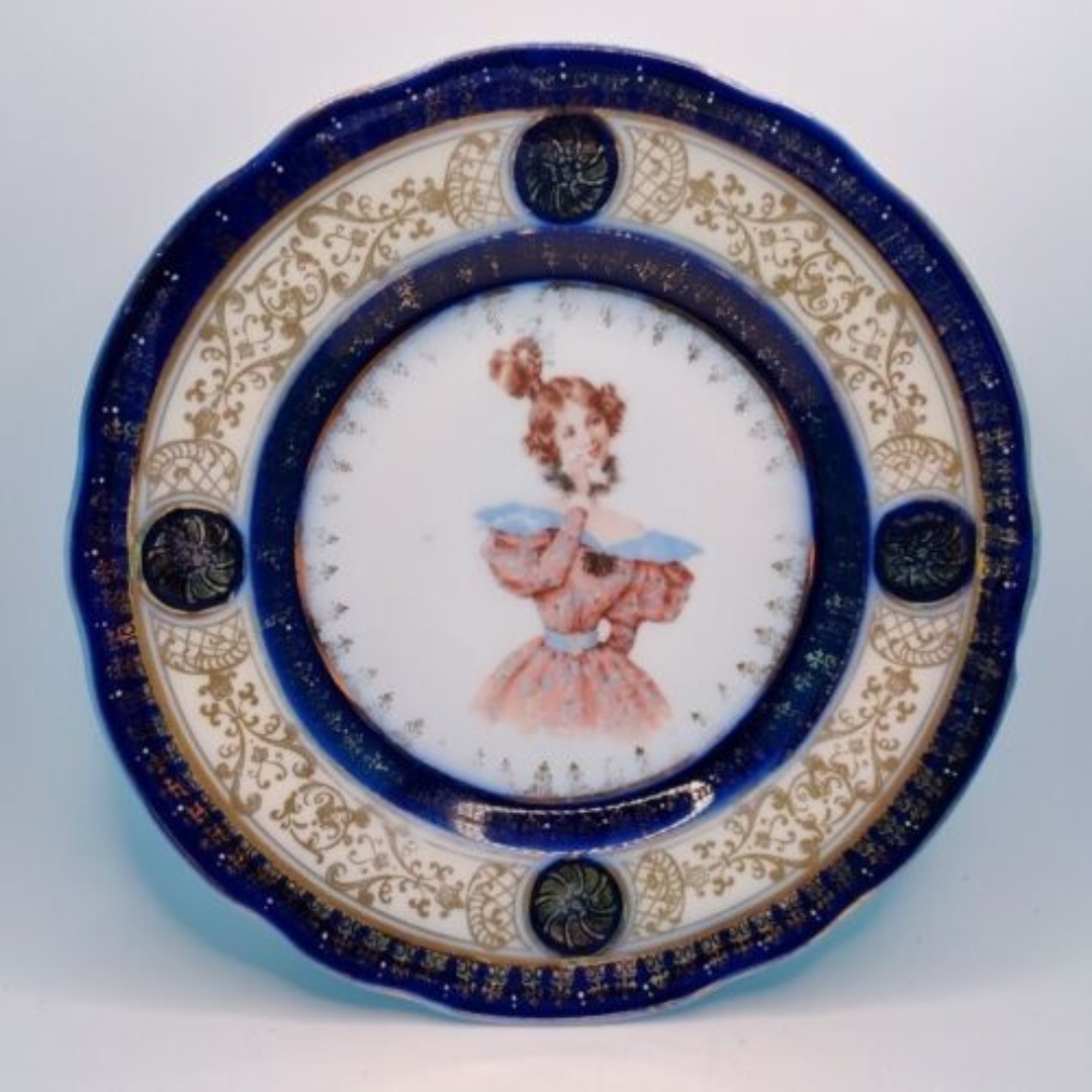 Carlsbad Austria Victorian Woman Portrait Plate Cobalt Blue Gold Trim 7.25” Used