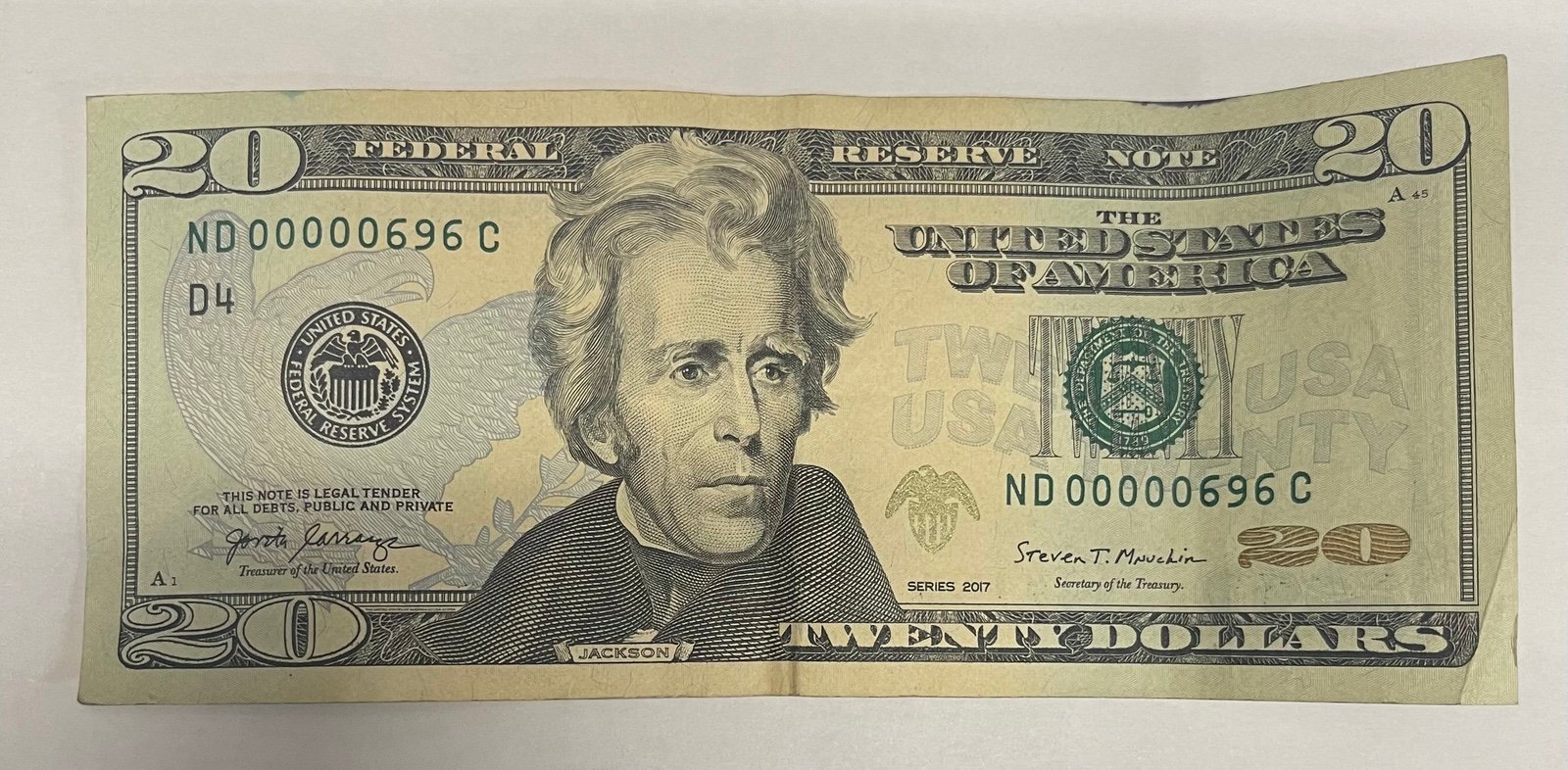 Very Low serial numbers 20 dollar bill ND 00000696