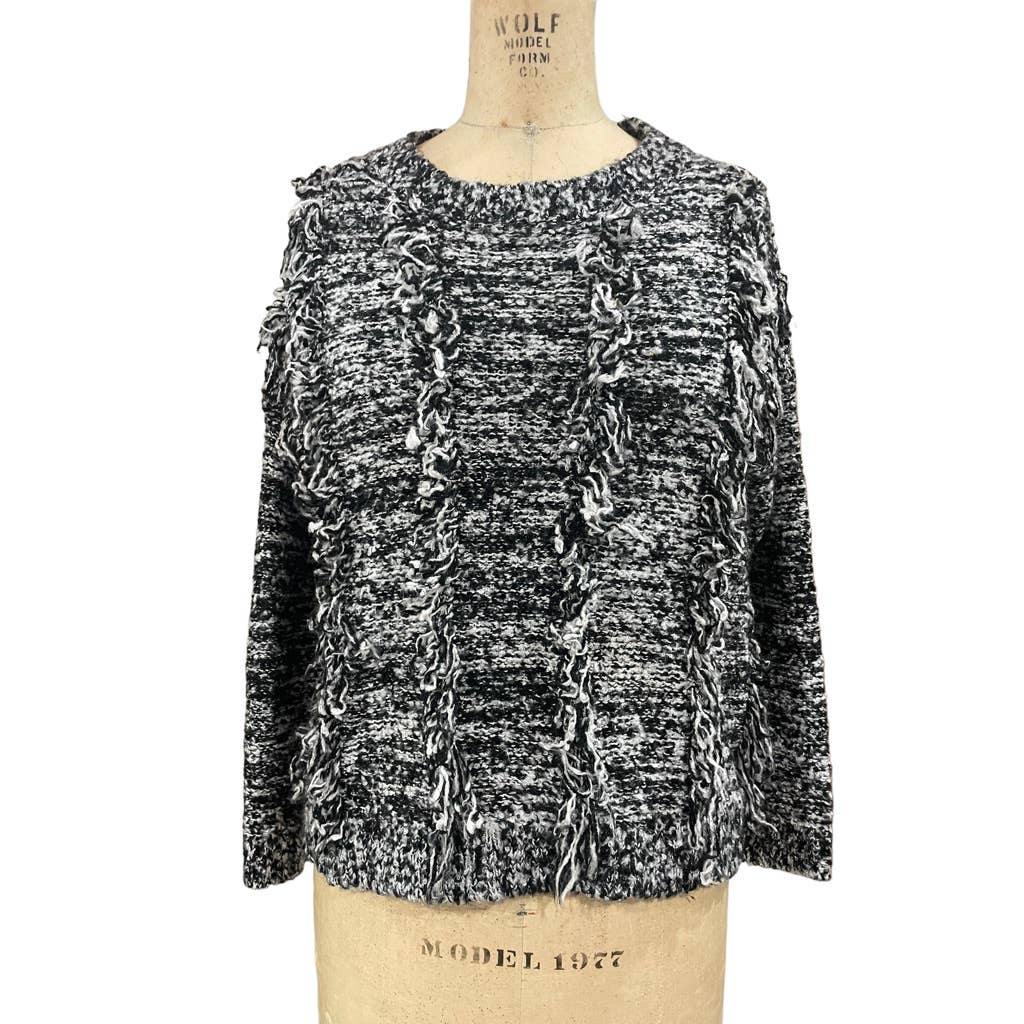 Dream State Womens Sweater Black Marl Knit Fringe Crew Neck S/M
