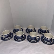 Vintage Churchhill Blue Willow Transferware Cup & Saucers (7 Sets)