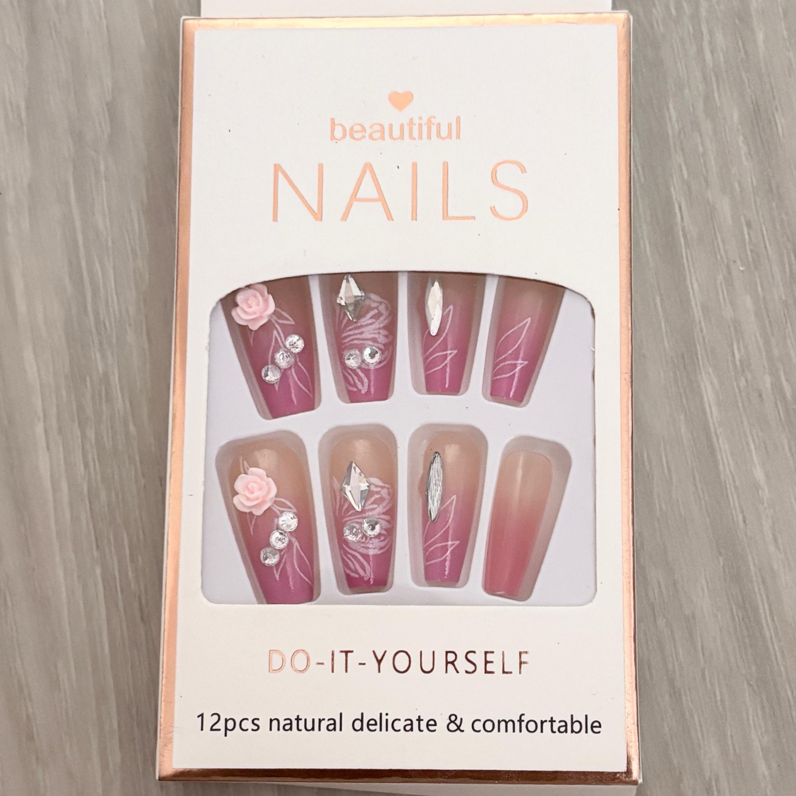 12pc Press-On Nails | Pink Floral 3D Design | Long Coffin | New