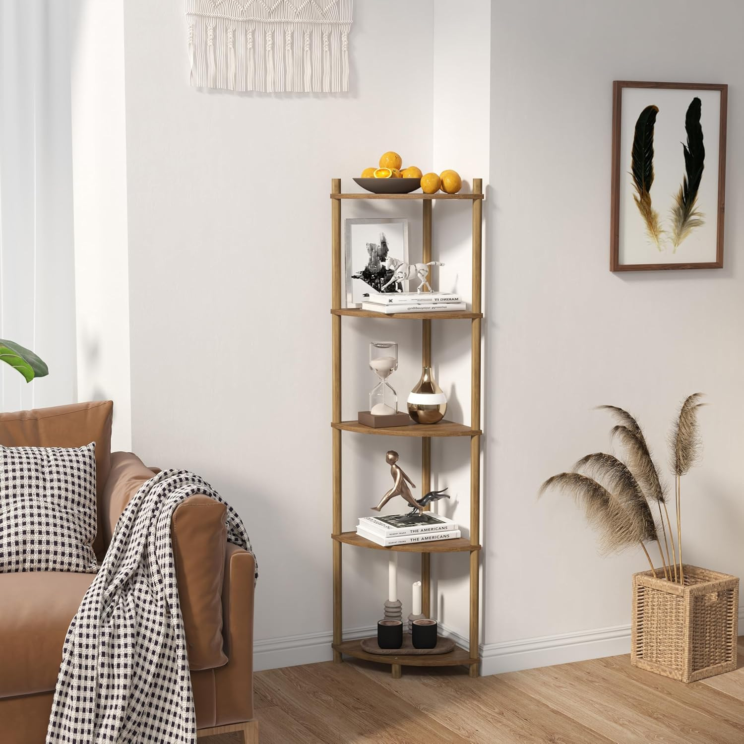 5 Tier Corner Shelf Stand- Wood Tall Display Book Shelves - Retro Narrow Minimal