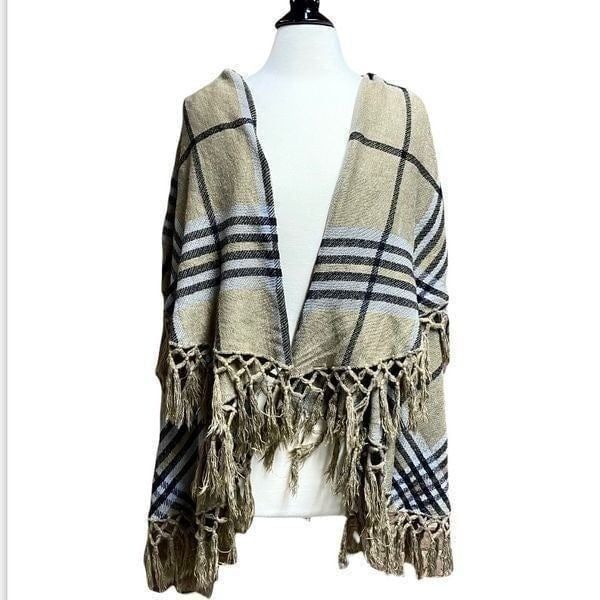 Coco + Carmen Taupe Plaid Fringed Vest Cape NWT