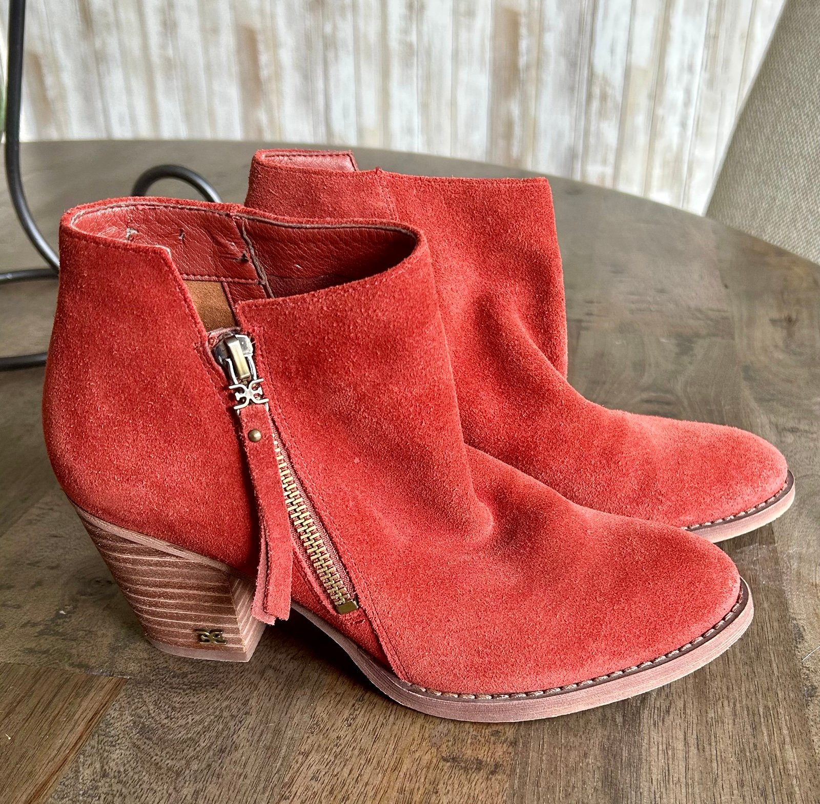 Sam Edelman Macon Red Suede Leather Block Heel Ankle Boots Size 6.5