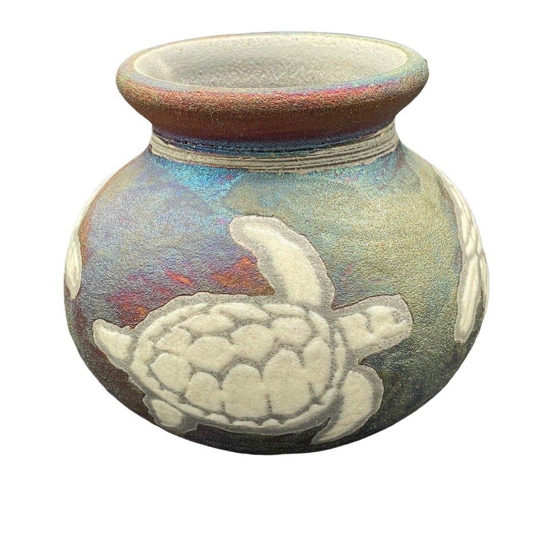 Earth & Fire Studio Raku Potteryworks Turtle Vase Signed Jeremy Diller