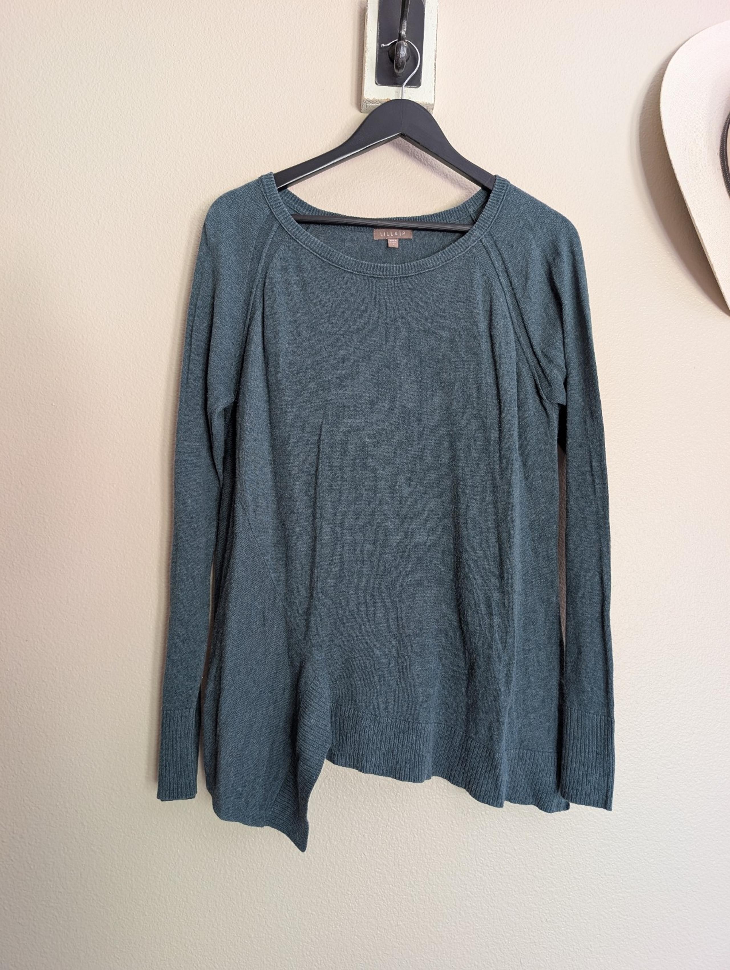 Asymmetrical Hem Raglan Sleeve Sweater Dark Hunter Teal Size Large - Lilla P