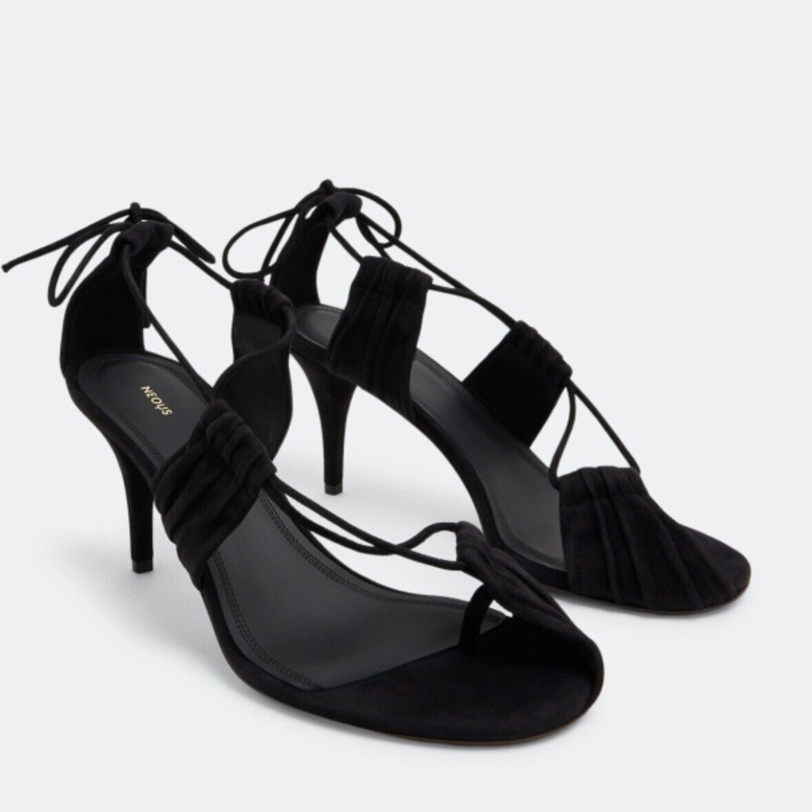 NEOUS Womens EUR 39 Giena Suede Sandals Heels Strappy Toe Ring Black Tie Back