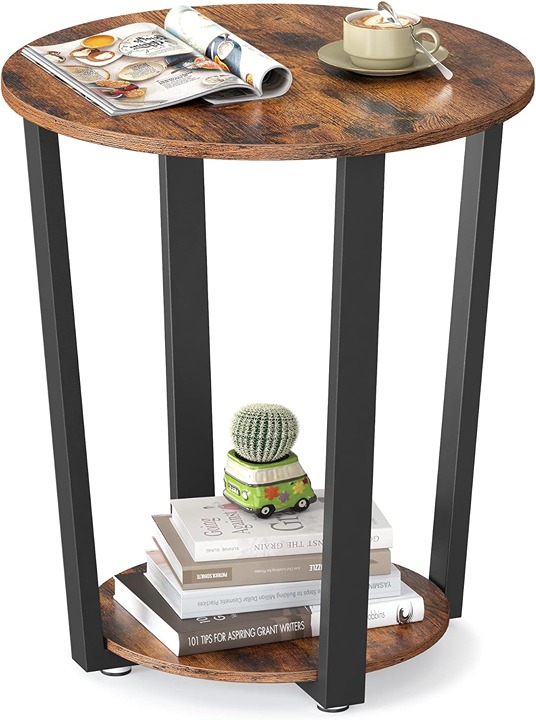 End Table, Round Side Table with Storage Shelf Rustic Brown and Black