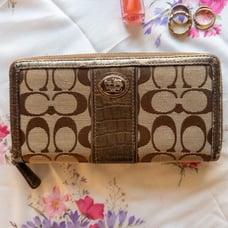 Coach Brown Signature Jacquard Patent Leather SOHO Zip Clutch Wallet