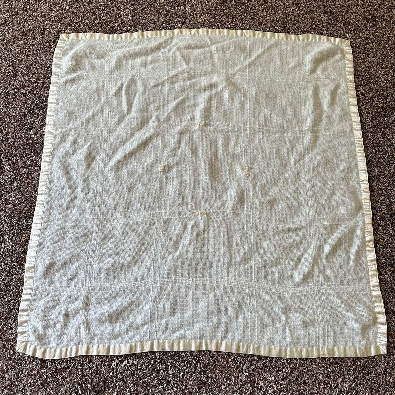 Three Weavers Baby blanket blue with  roses Satin Trim RARE