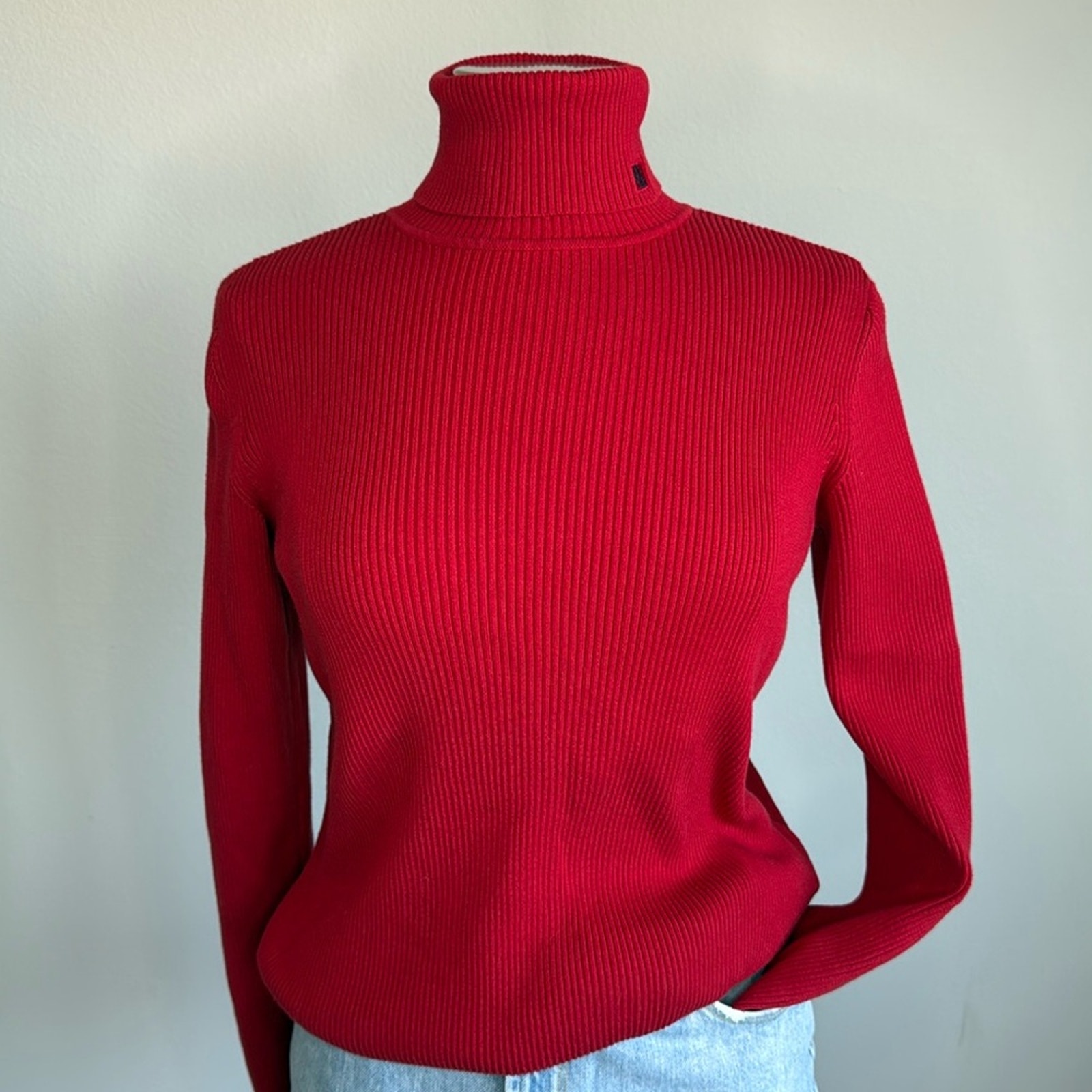 Lauren Ralph Lauren Red Ribbed Cotton Turtleneck Size M