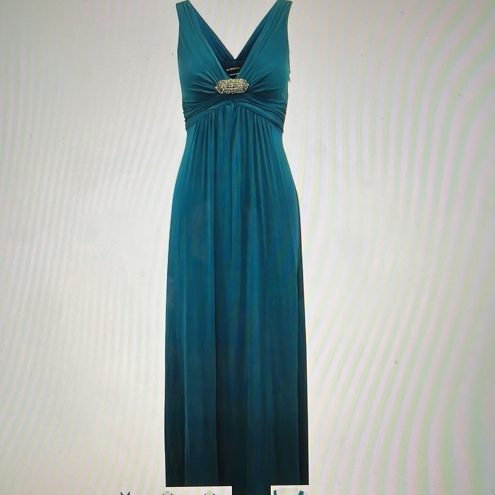 BCBG Peacock Blue Goddess Formal Dress Evening Gown with rhinestone Detail M
