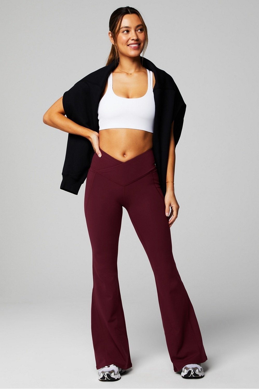 Fabletics Oasis PureLuxe High-Waisted Crossover Burgundy Flare Pants SZ MEDIUM