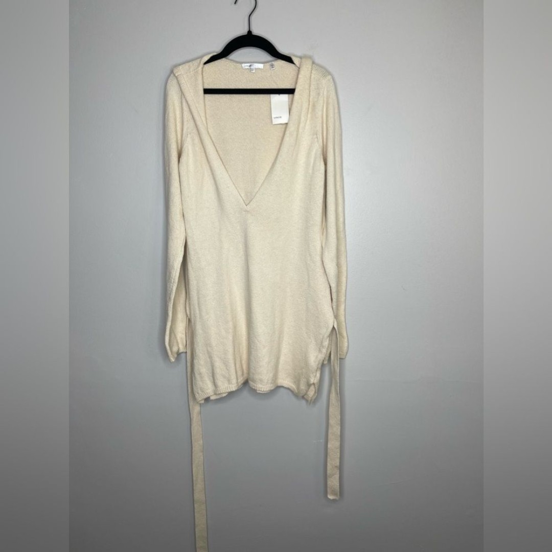 Vince New Ivory Cotton Hoodied Deep V Belted Knit Pullover L Coastal Designer