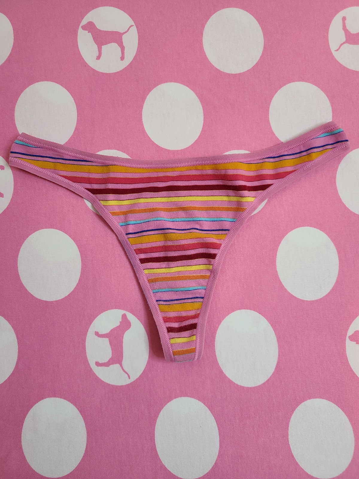 Rare VTG VS PINK Low Rise Graphic Cotton Thong Panty Size Sm Rainbow Stripe