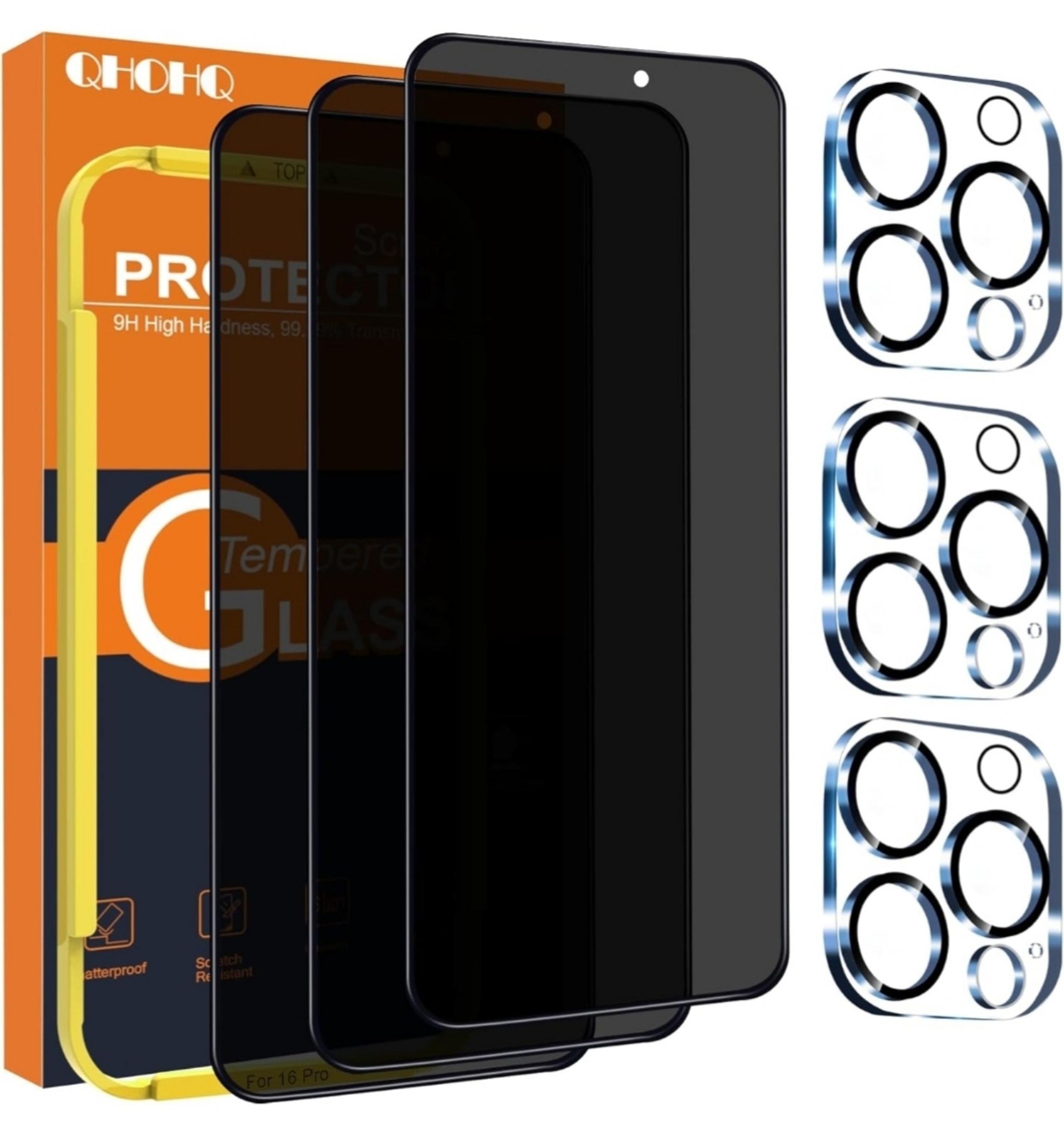 3 Pack iPhone 16 Pro Privacy Screen Protector + 3 Camera Lens Protector