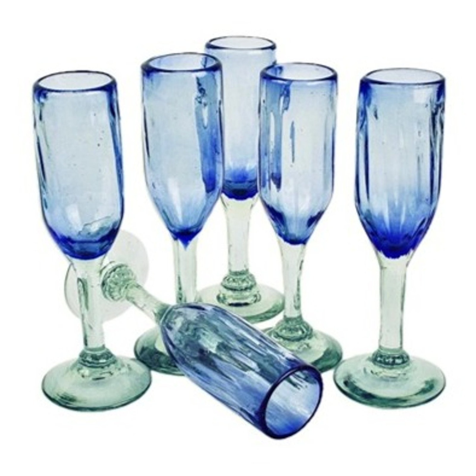 Novica 6 Hand Blown Blue Recycled Glass Champagne Flutes 8.75 - Fiesta Azul