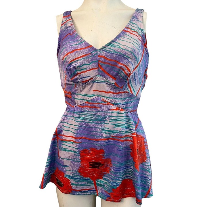 Hawaiian KAMEHAMEHA Size 12 Swimsuit One Piece With Skirt Red Poppy Vintage
