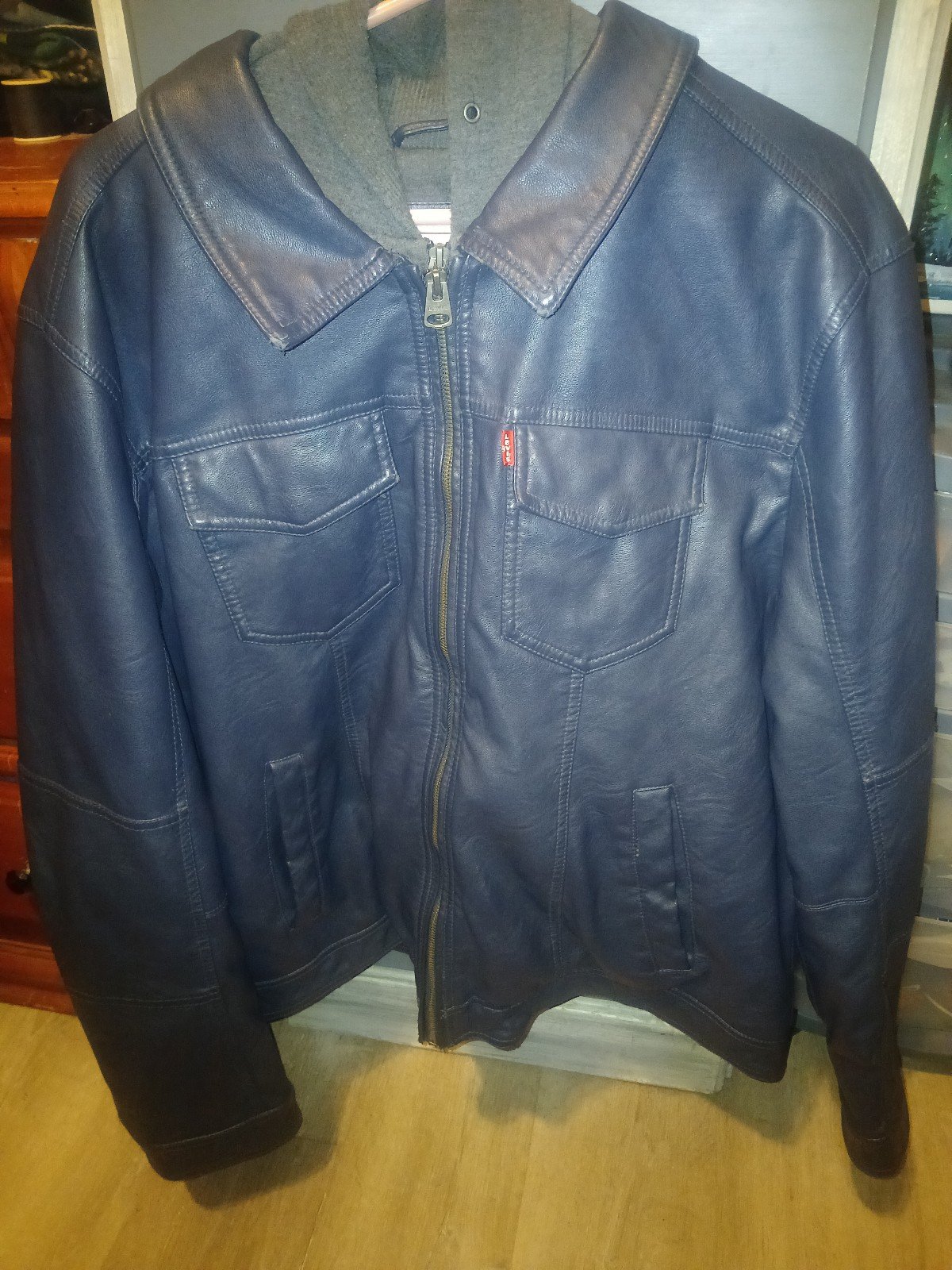 Levi Strauss Midnight Navy Leather Hooded Mens Jacket Size XL