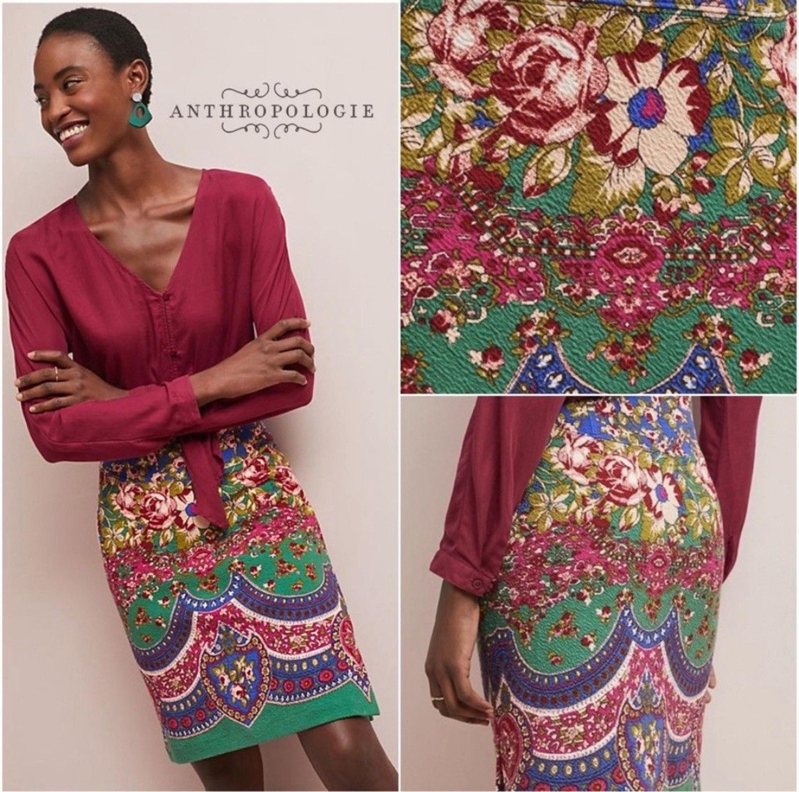 Anthropologie Maeve Sheffield Textured Skirt 4 Blue Pink Floral Straight Pencil