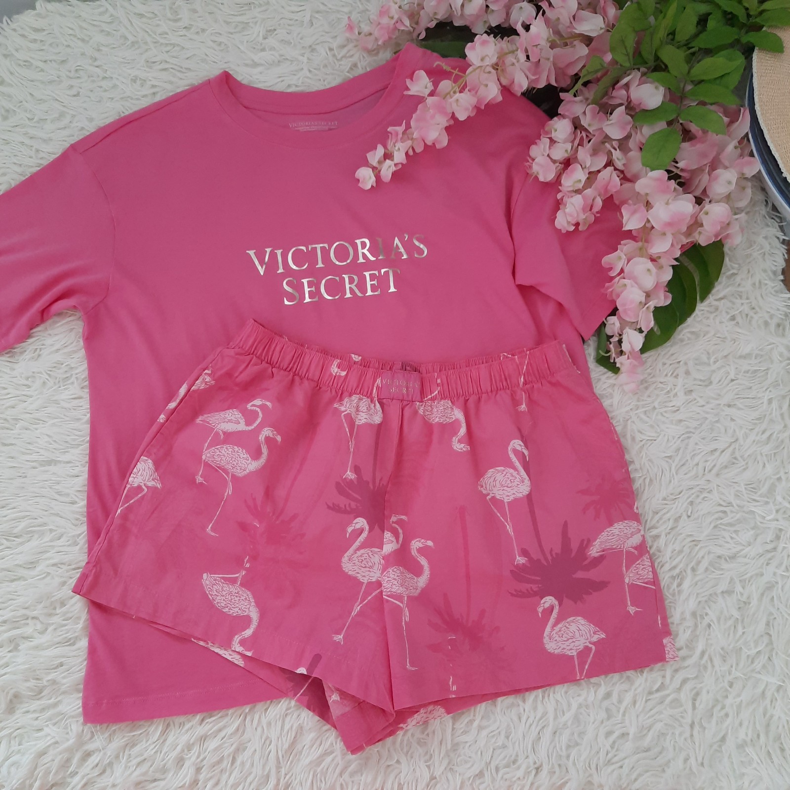 NEW (S) Victoria's Secret Cotton Short Tee-Jama Set in Hollywood Pink Flamingos