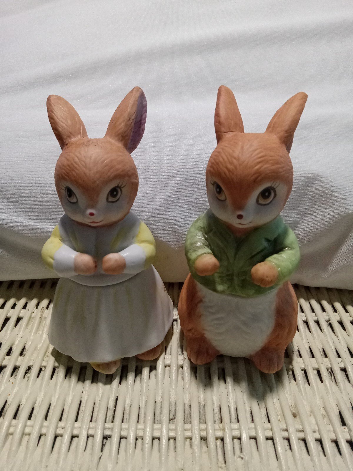 VTG Bisque Lefton China Figurine Set Boy & Girl Easter Decor Bunny Trinket Box