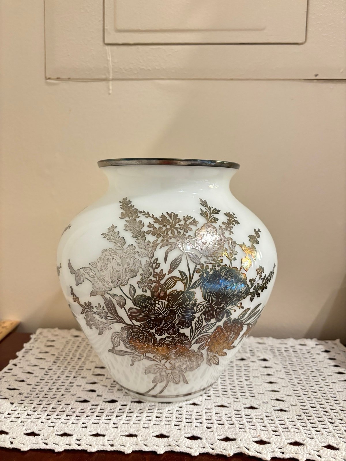 Vintage Large 8” Tall White Milk Glass Sterling Silver Overlay Flowers Vase HTF