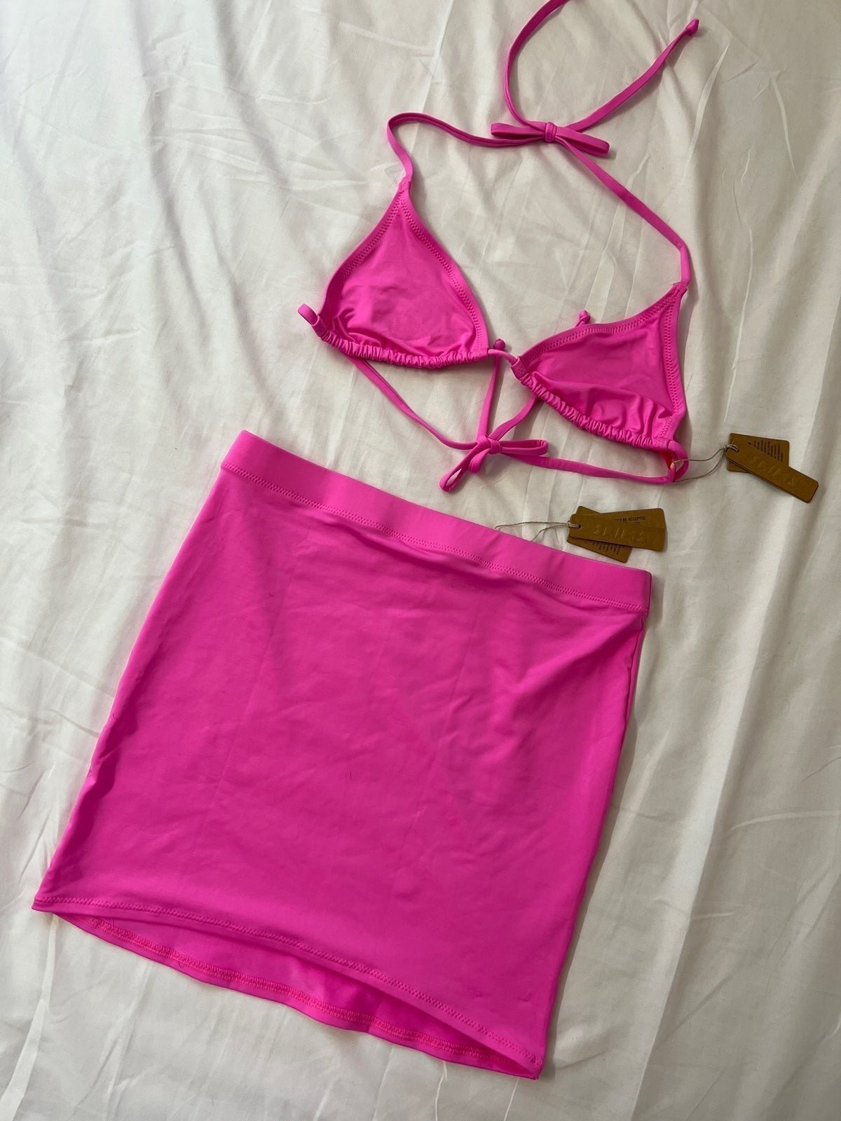 SKIMS Pink Swim Bikini Triangle Top + Tube Skirt Set