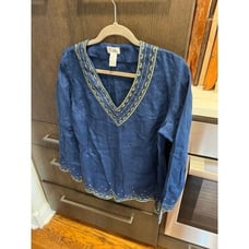 Lilly Pulitzer Blue linen tunic, gold embroidered blouse small