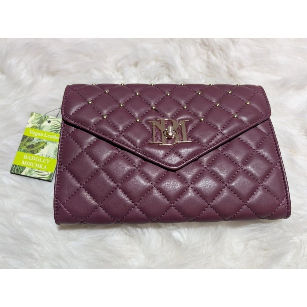 Badgley Mischka Crossbody Plum Vegan Leather Quilted Studded Chain Bag NWT