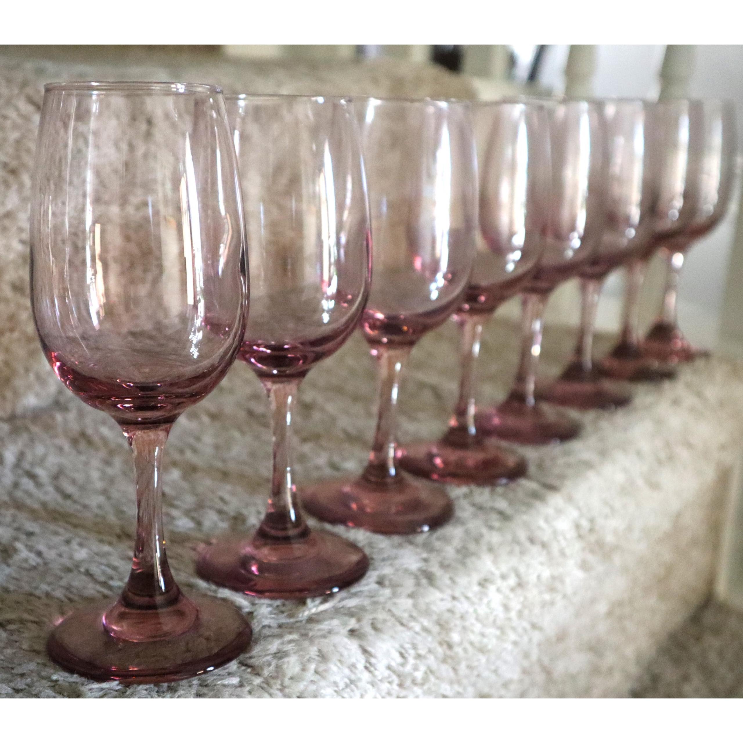 Set 8 Vintage Libbey Pink Plum Rose Stemmed Water Wine Glasses Goblets