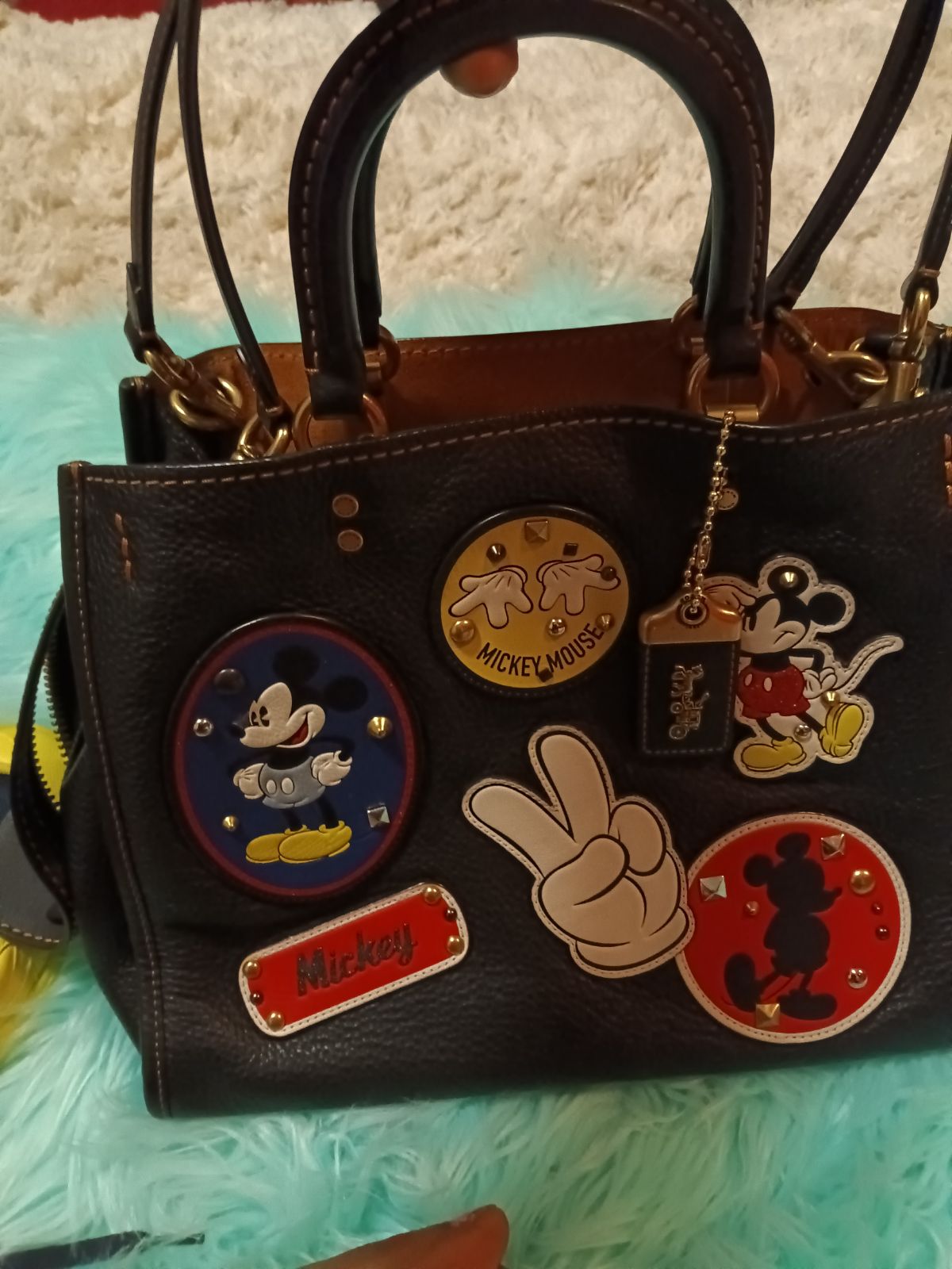 Coach Brass Disney Mickey Mouse X Keith Haring Kisslock Smooth Leather Satchel