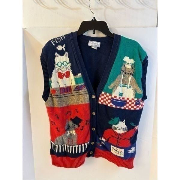 Sweater Loft Button Vest New York USA Cat Lover Vintage
