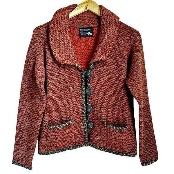 Women M Baby Alpaca Wool Rust Button Cardigan Sweater Artsy Lagenlook Made Peru