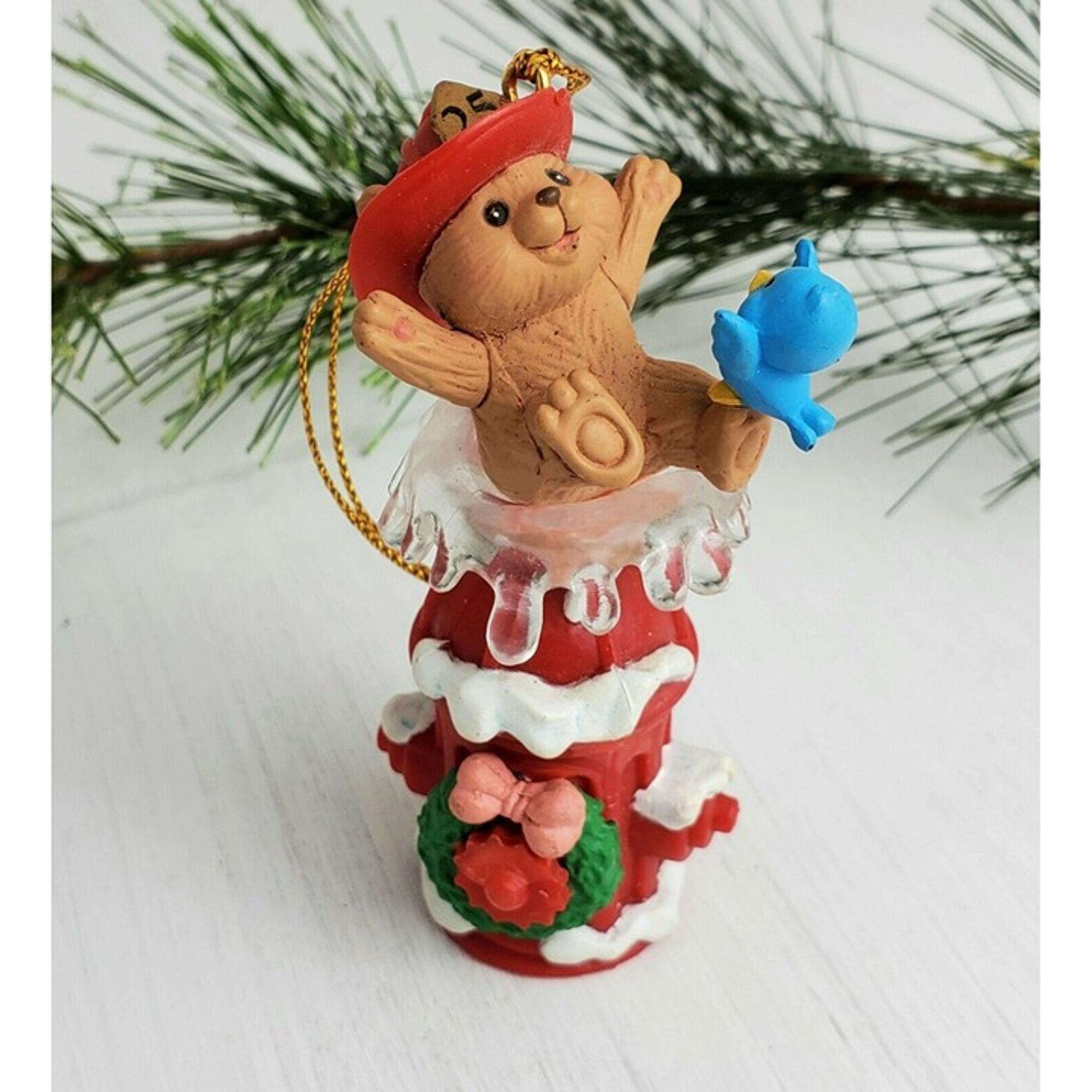 VTG Fireman Bear Christmas Ornament Fire Fighter Hydrant Bird Water Luster Fame