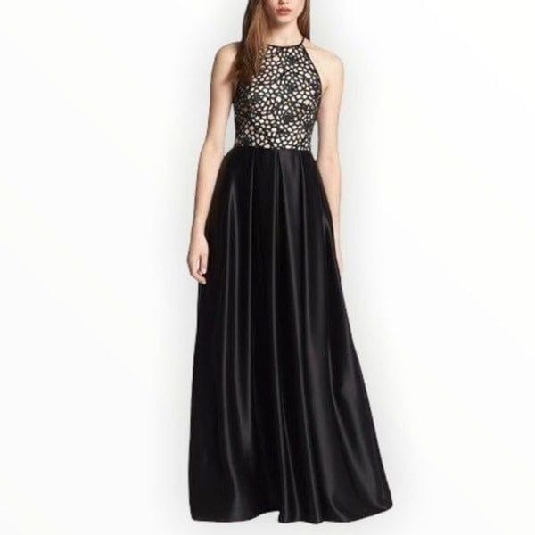 ABS Allen Schwartz Embroidered Bodice Satin Skirt Tulle Black Tan Prom Dress 12