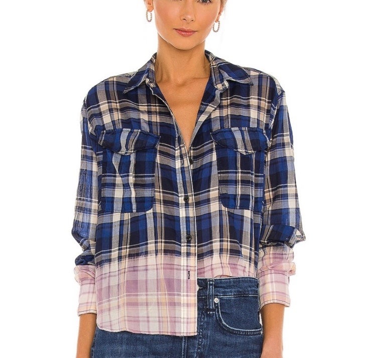 Rag & Bone Florian Button Up Plaid Cropped Shirt Ombre Long Sleeve