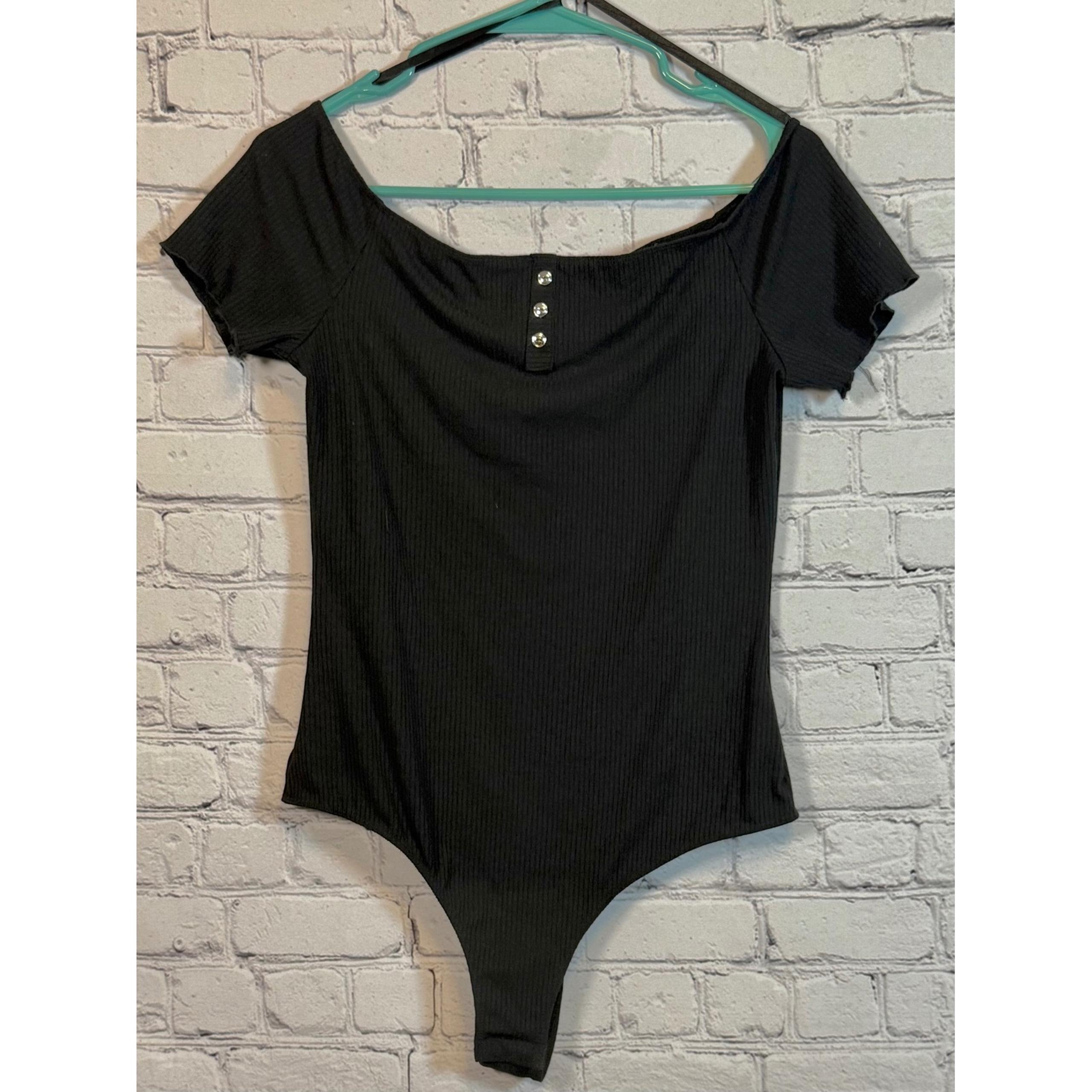Love J Ribbed Bodysuit Off Shoulder Snap Button Top Black Plus Size XL