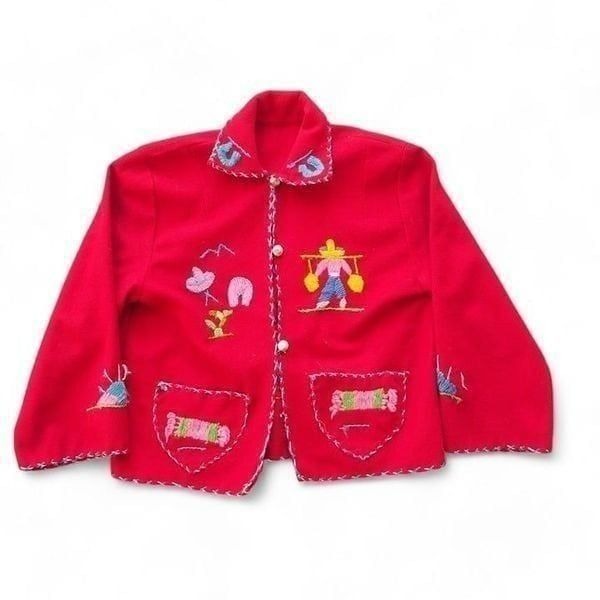 Handmade Vintage 40s 50s Wool Embroidery Style Jacket Red Toddler