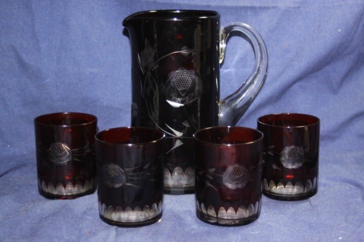 Czech Bohemian Glass Pitcher & 4 Glasses