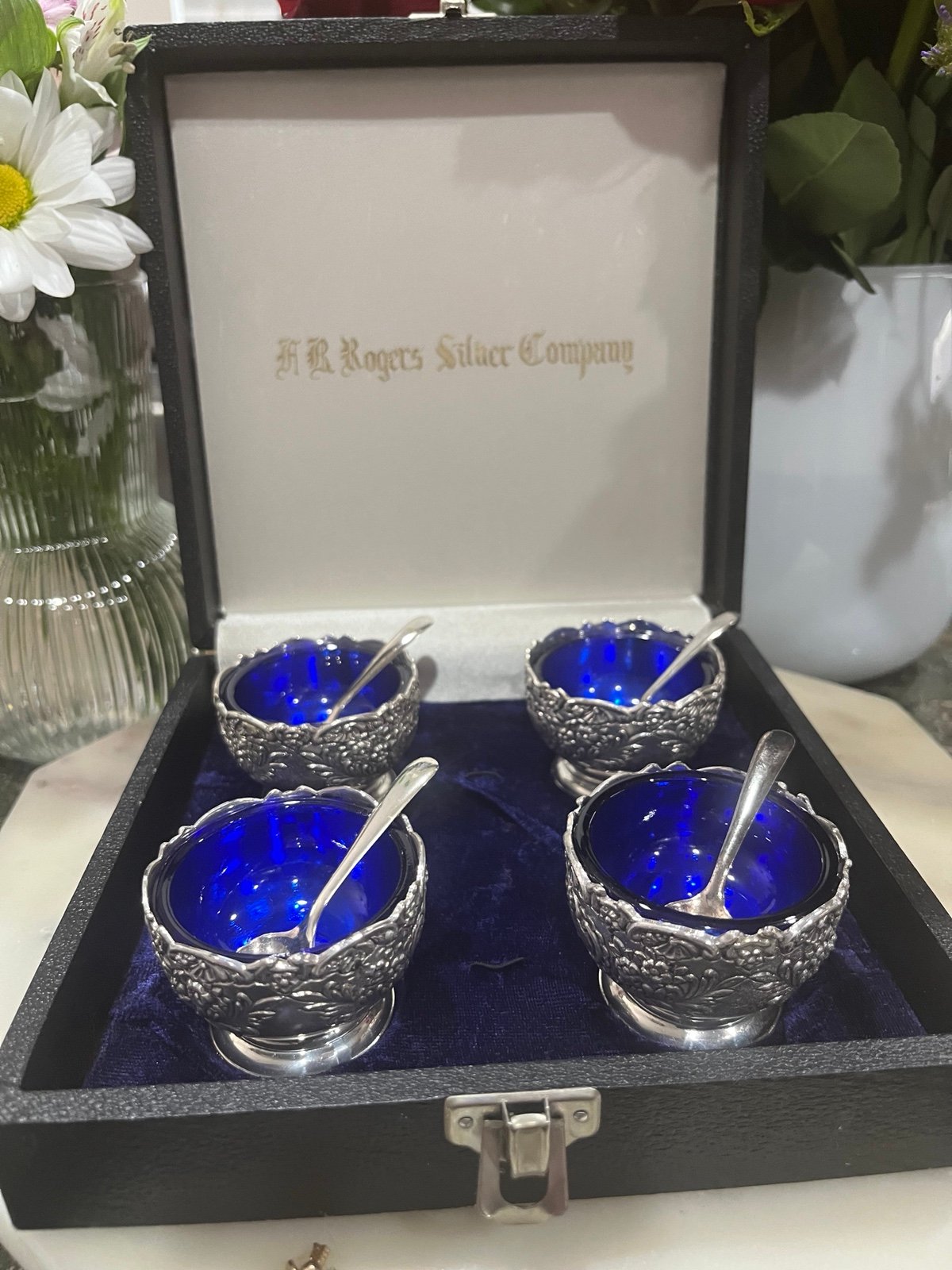 Vintage Silver Plated FB Rogers Seasoning Cups & Spoons Set w/ Cobalt Blue Glass