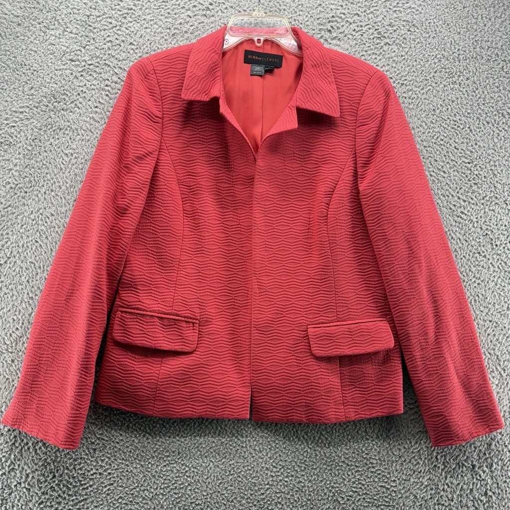 Nina McLemore Jacket Womens Size 12 Red Blazer Jacket Pockets Open Silk Cotton