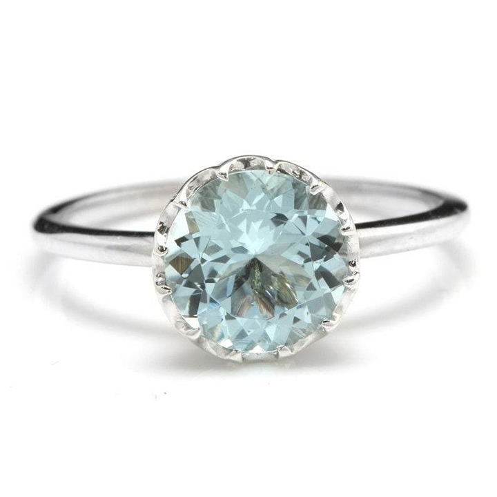 14k White Gold 2.20Ct Natural Round Aquamarine Bezel Solitaire Ring