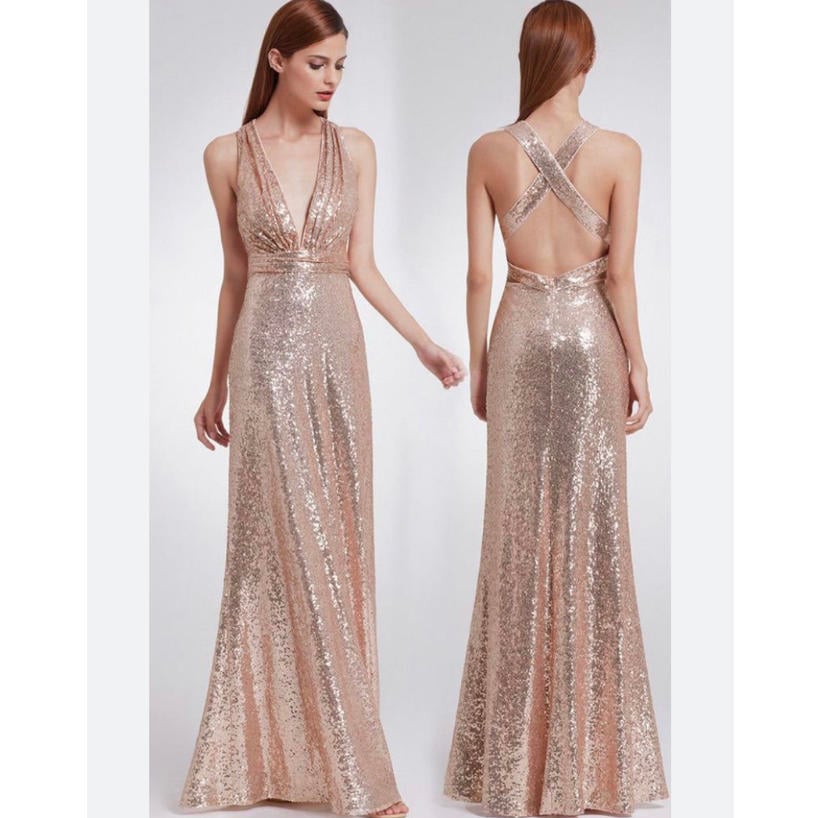 REVELRY champagne sequin plunge maxi formal dress